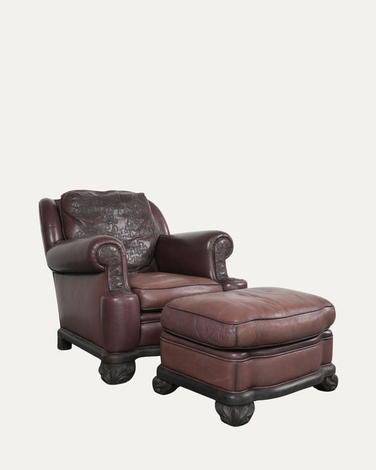 Leather Cross Patch Lounge Chair & Ottoman Set