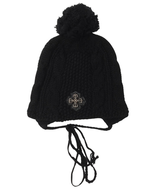 Silver & Leather Cross Embellished Pom Pom Beanie