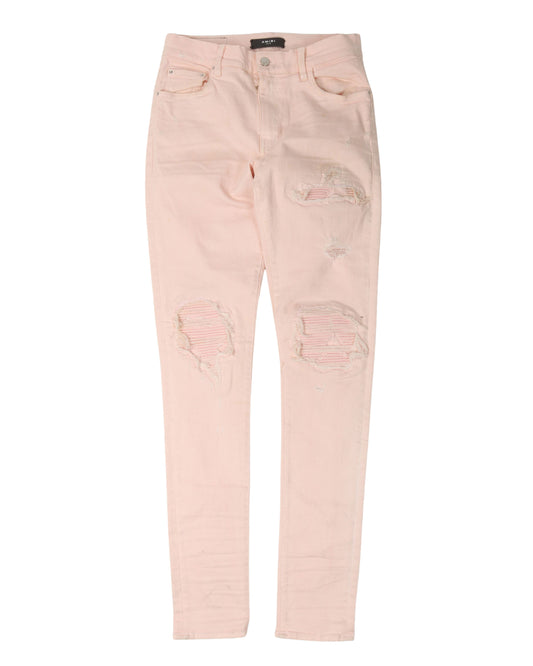 MX1 Distressed Leather-Paneled Knee Rip Jeans