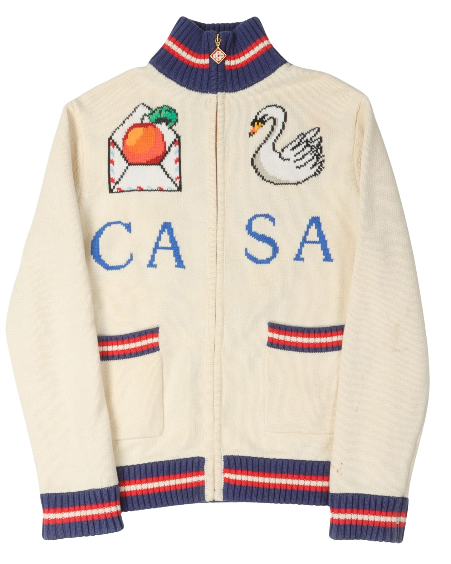 Roll Neck Intarsia Knit Cardigan