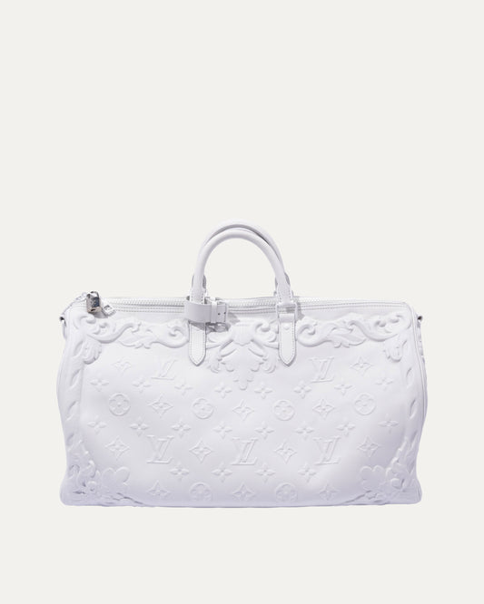 Optic White Embossed Monogram Keepall 50