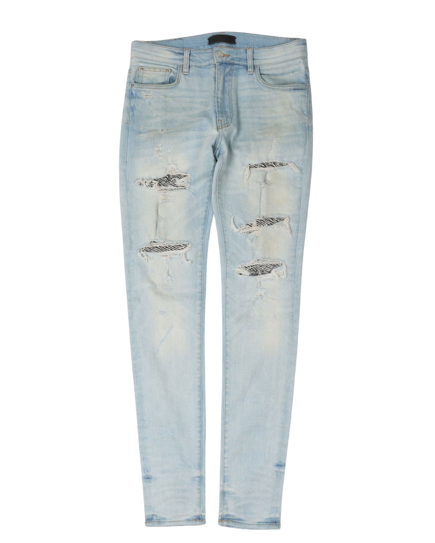 Distressed Zebra Print Repaired Denim Jeans