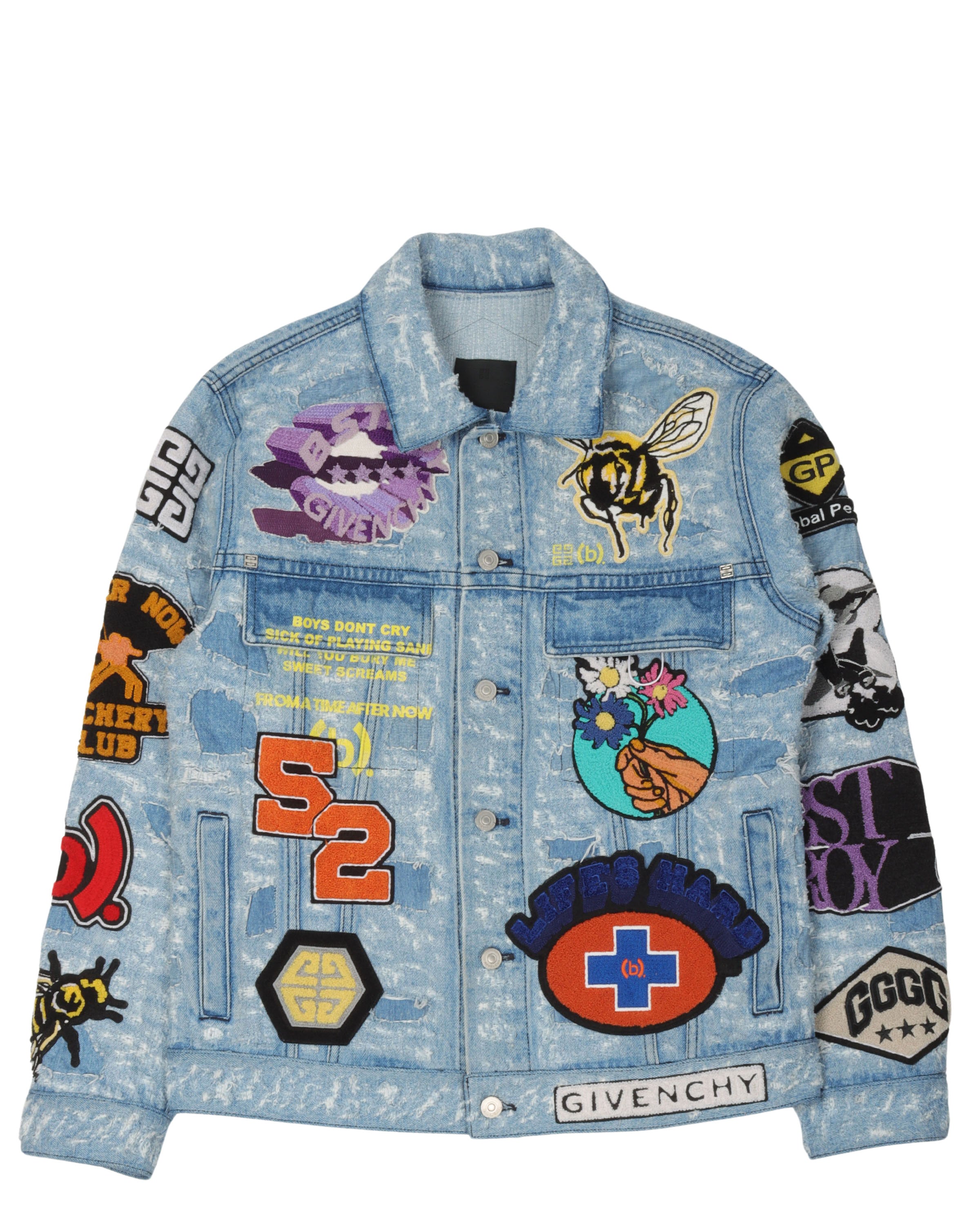 Blue denim jacket with patches