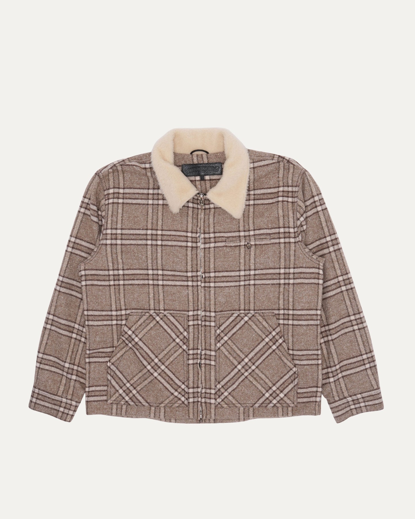 Shearling Collar Zip Up Flannel Jacket