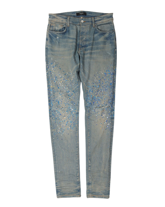 Paint and Rhinestone Embellished Knee Rip Jeans