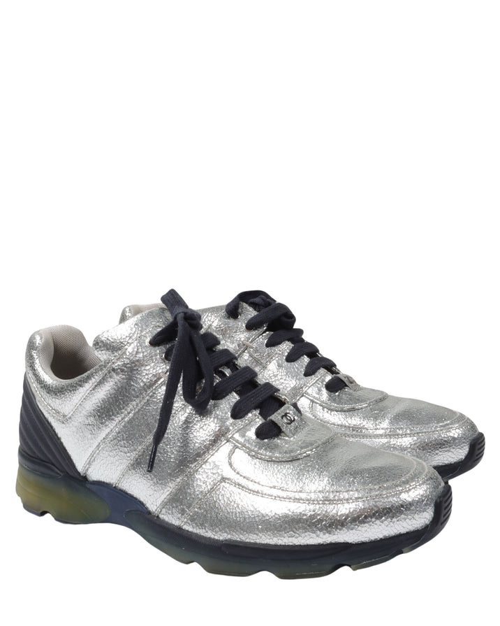 Metallic Silver Cracked Leather Trainer Sneaker