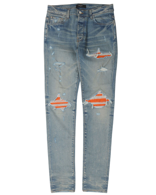 Light Wash Leather Repair Denim Jeans