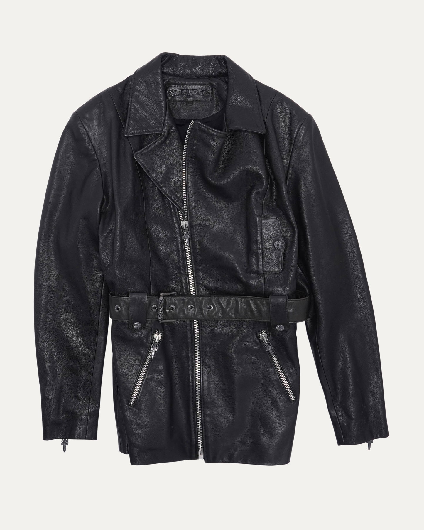Leather Fleur Embellished Belted Jacket