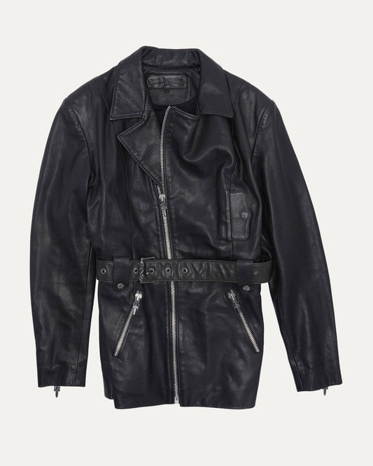 Leather Fleur Embellished Belted Jacket