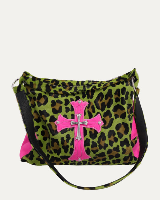 Embellished Cross Patch Leopard Pony Hair Lyon Bag