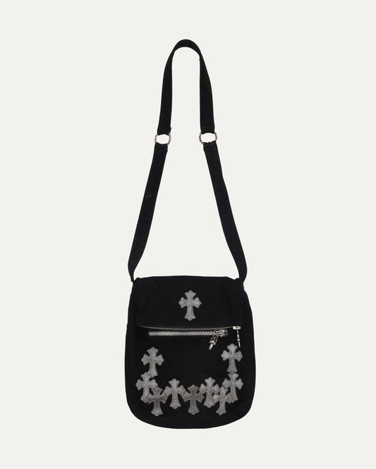 Silver Embellished Cross Patch Leather Messenger Bag