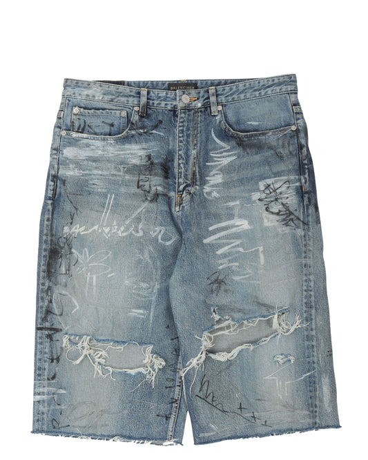 Distressed Baggy Graffiti Denim Shorts