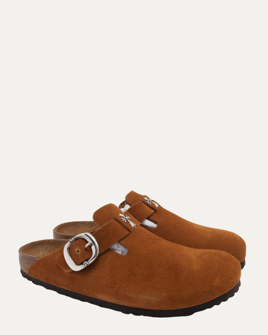 Cross Embellished Birkenstock Boston Suede Mule