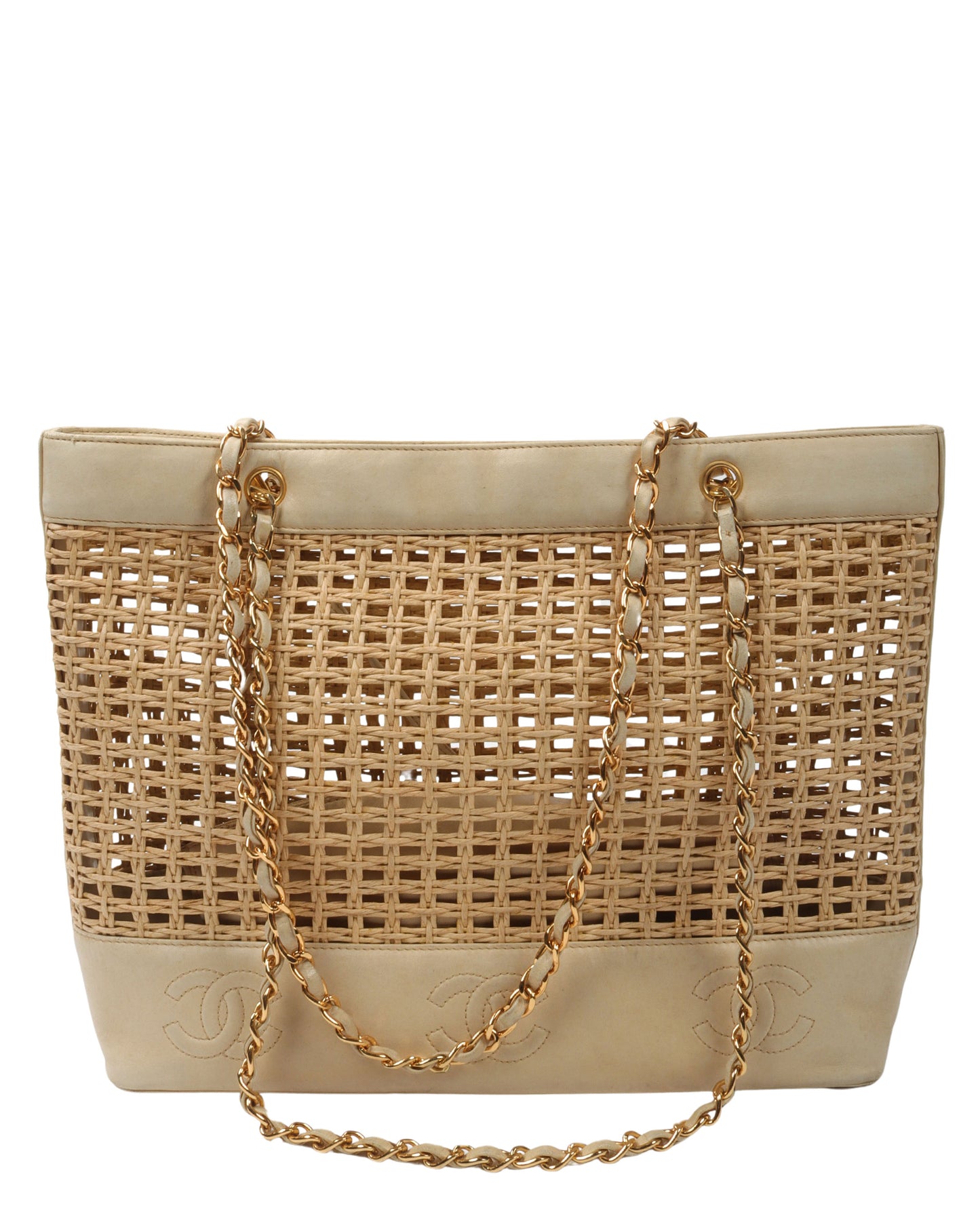 Lambskin and Woven Raphia Logo Tote