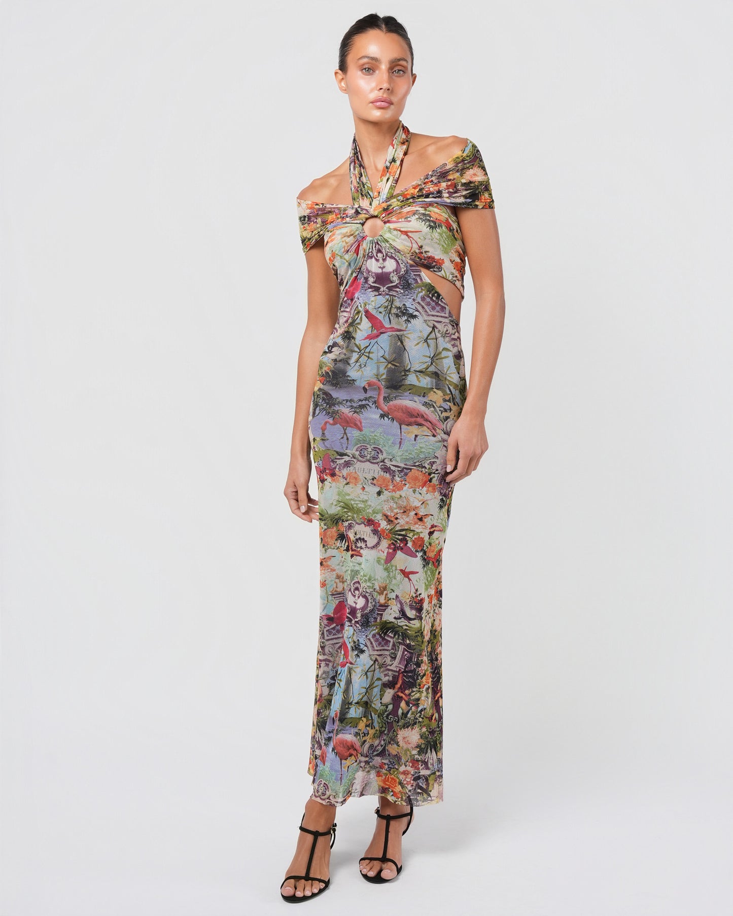 SS 1999 Tropical Print Mesh Cut-Out Gown