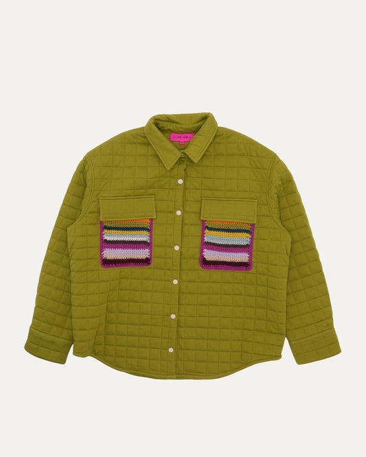 Crochet-Trimmed Quilted Shirt Jacket