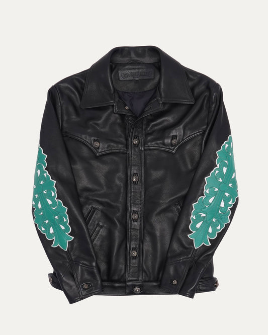 Floral Cross Patch Western Leather Jacket