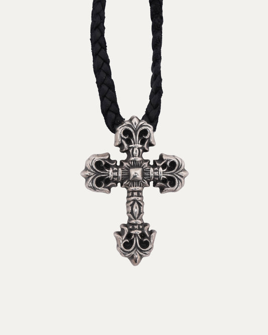 Filigree Cross Pendant with Braided Leather Necklace