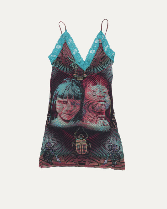 Grunge Psychedelic Mesh Top with Lace Detail