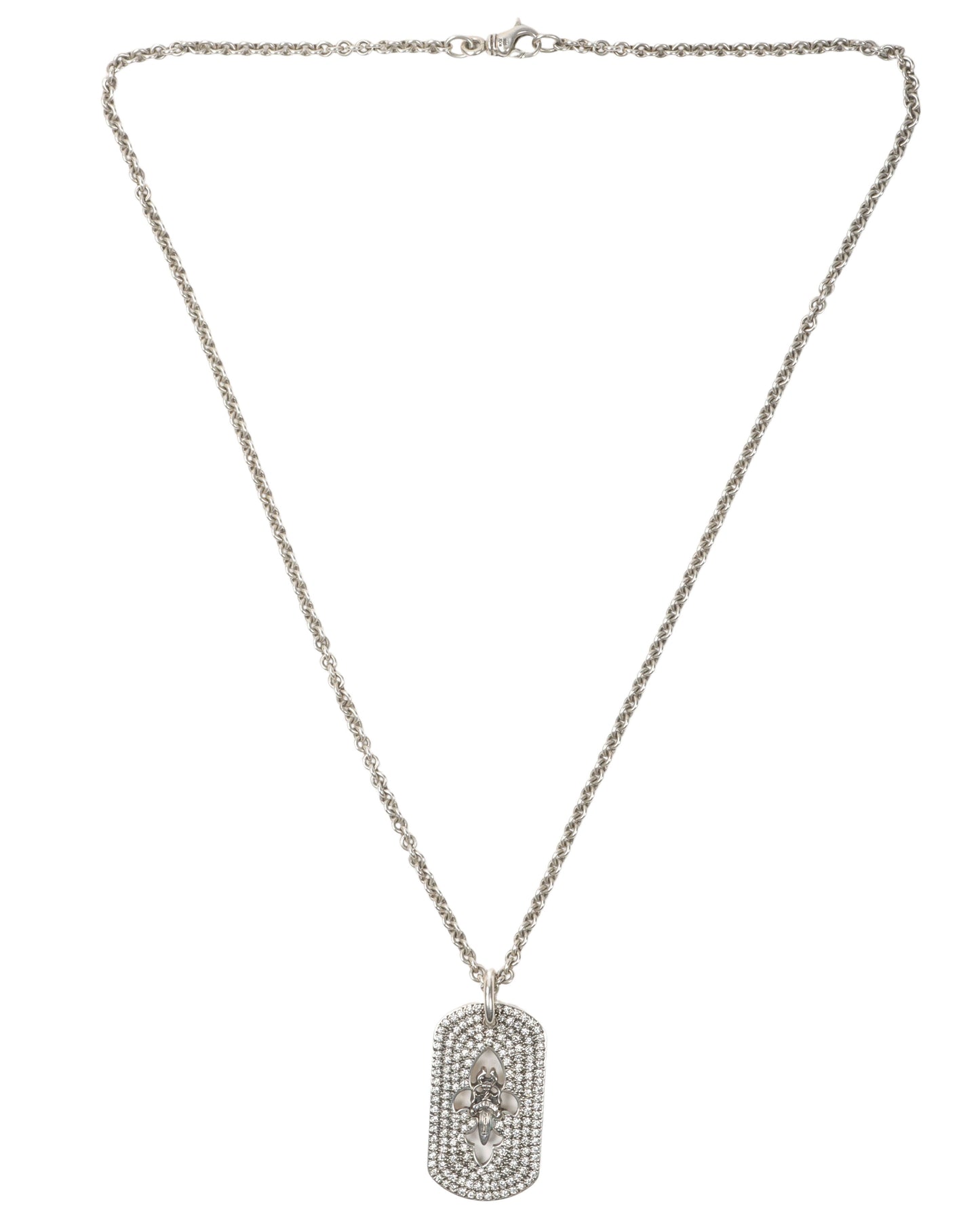 Silver & Diamond Fleur Cross Dog Tag Pendant w/ Chain