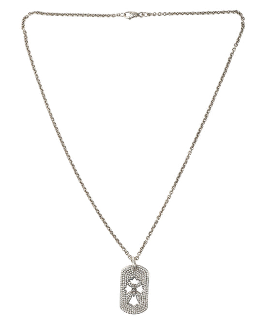 Silver & Diamond Cross Dog Tag Pendant w/ Chain