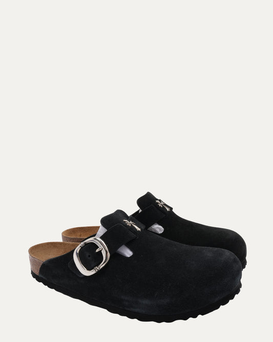 Cross Embellished Birkenstock Boston Suede Mule