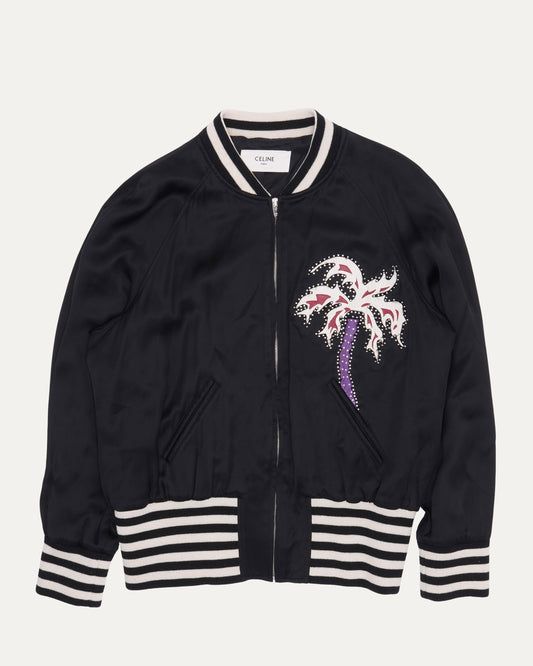 Leather Inlay Palm Tree Satin Teddy Jacket