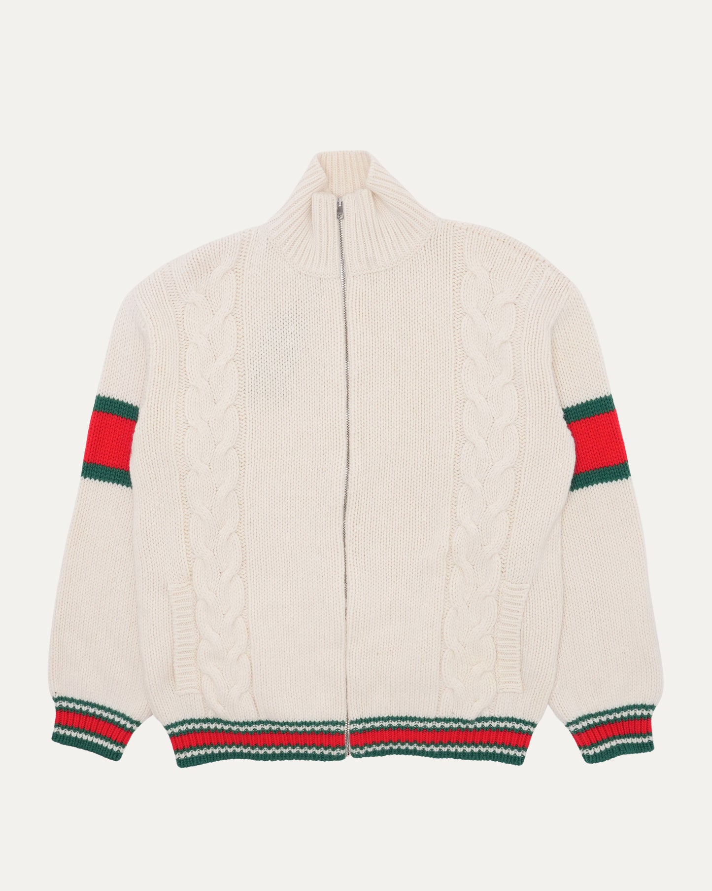 Striped Cable Knit Wool Zip Up Cardigan