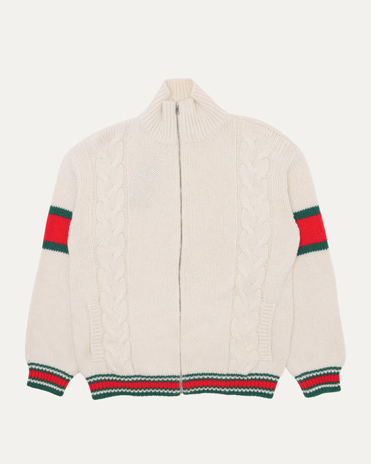 Striped Cable Knit Wool Zip Up Cardigan