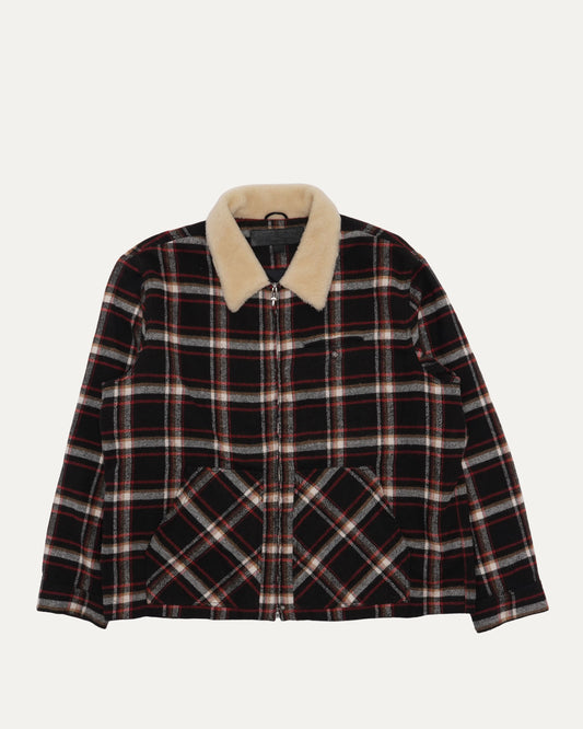 Shearling Collar Zip Up Flannel Jacket