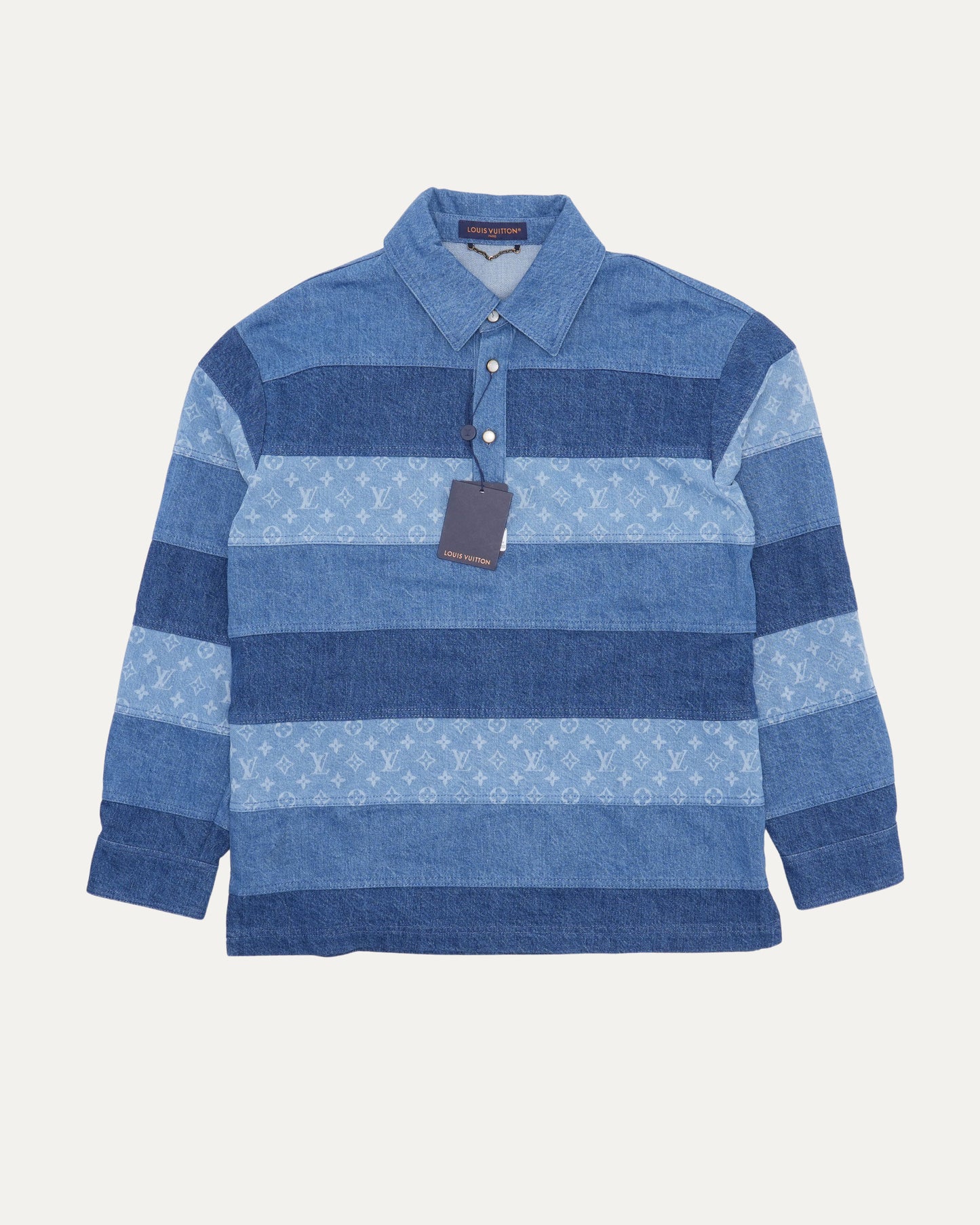 Patchwork Denim Long Sleeve Polo Shirt