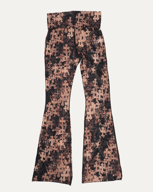 Waterfall Cross Patch Print Flared Mesh Pants