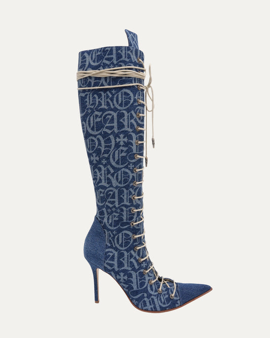Denim Monogram Lace Up Knee Boots