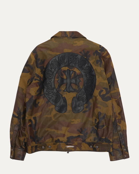 Camouflage Cross Horseshoe Patch Leather Work Jacket