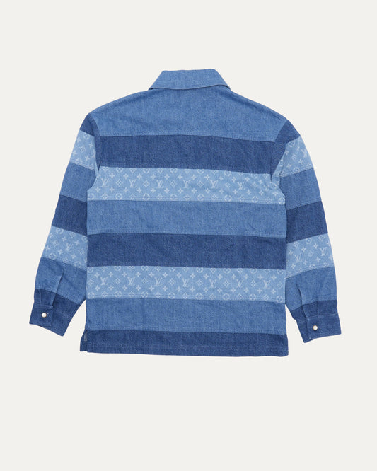 Patchwork Denim Long Sleeve Polo Shirt
