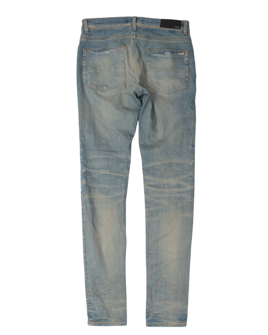 Paint and Rhinestone Embellished Knee Rip Jeans