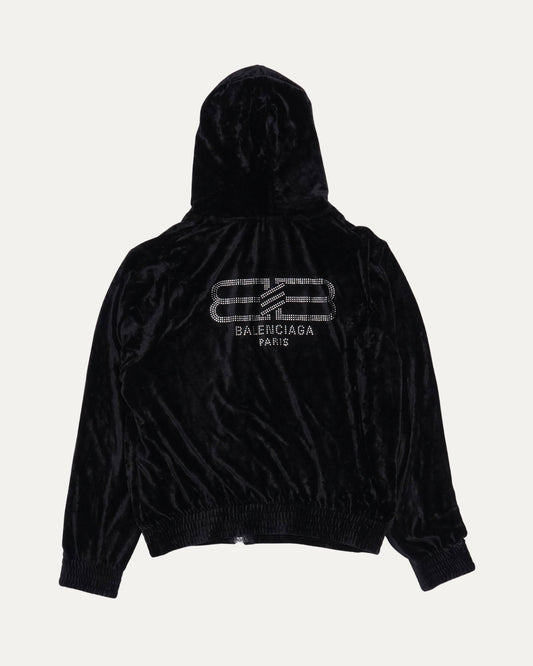 Velour Rhinestone Logo Zip-Up Hoodie
