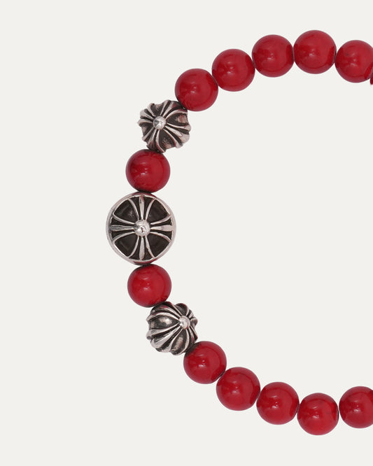 Large Multi Charm Red Coral Bead Bracelet