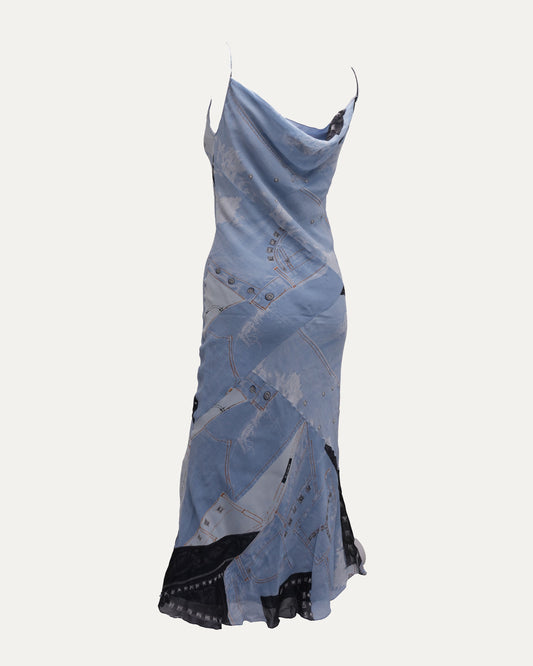 FW 2004 Trompe L'Oeil Denim Print Silk Dress