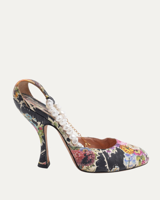 Pearl Embellished Floral Print Heels