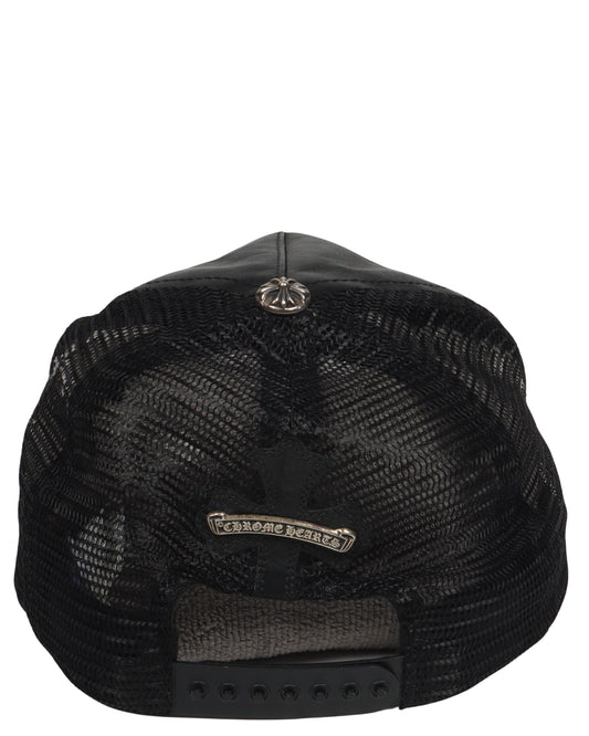 Silver Embellished Fleur Patch Leather Trucker Hat