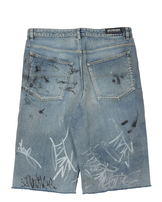 Distressed Baggy Graffiti Denim Shorts