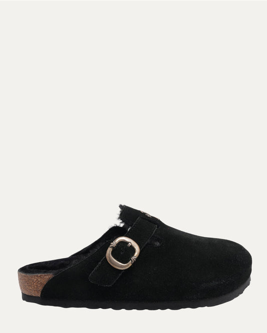 Cross Embellished Birkenstock Boston Shearling Lined Suede Mule