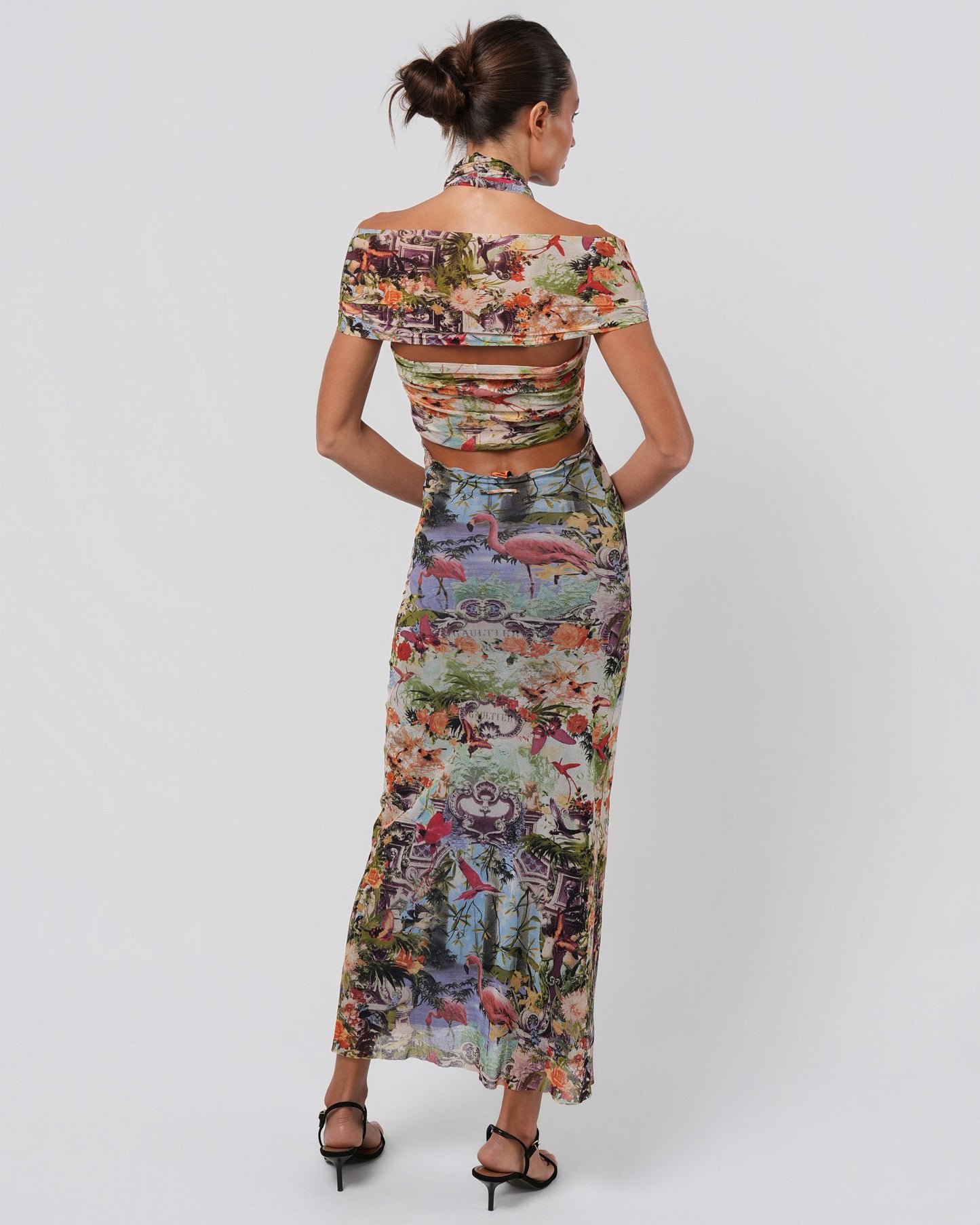 SS 1999 Tropical Print Mesh Cut-Out Gown
