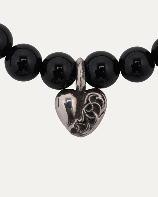 6mm Black Tourmaline Heart Charm Bead Bracelet
