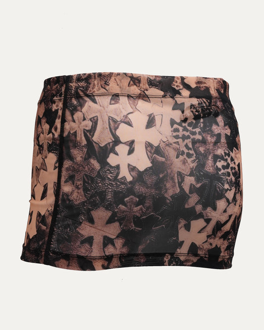 Waterfall Cross Patch Print Mesh Mini Skirt