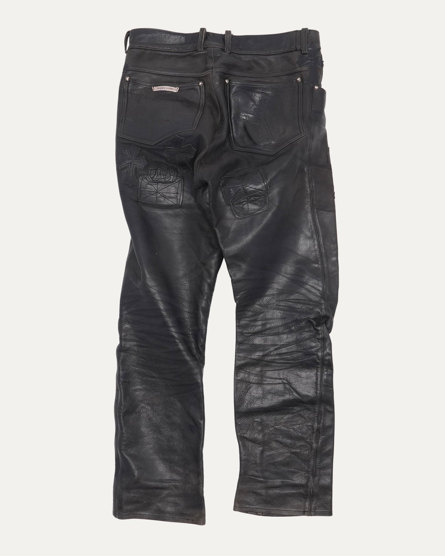 Diamond and Ruby Embellished Zipper Cross Patch Leather Fleur Knee Pants