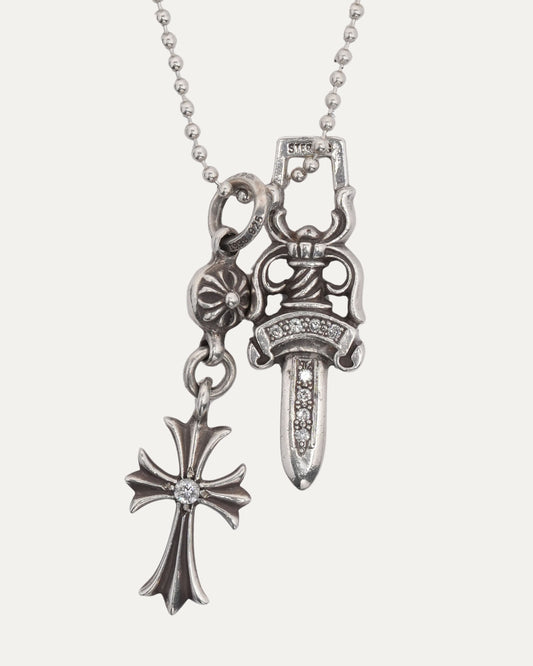 Diamond Dagger Pendant and Diamond Cross on Ball Chain Necklace