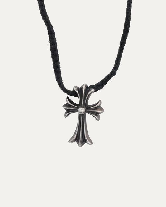 Cross Pendant on Braided Leather Necklace