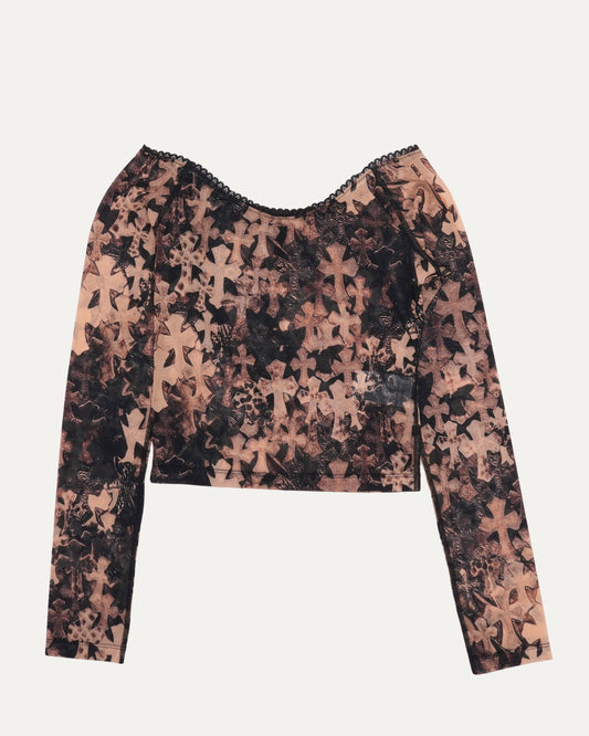 Waterfall Cross Patch Print Mesh Long Sleeve Top